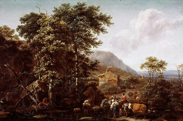 Landscape and animals. Painting by Nicolaes Berchem (1620-1683), Dutch painter, 1653