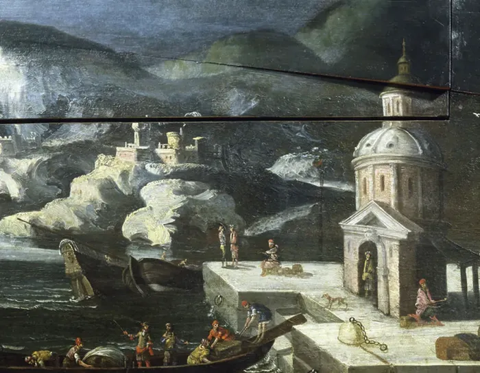 Framed Print : Landscape with architectural elements, detail from painting on 18th century harpsichord Framed Print : Landscape with architectural elements, detail from painting on 18th century harpsichord