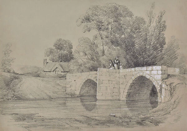 Landscape of a bridge with figures, 1810-65 (Pencil)