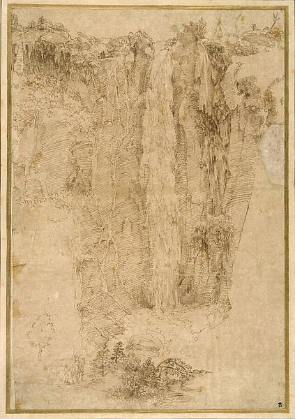 Landscape with a cascade;at the foot, two men, one mounted (pen & brown ink on paper)