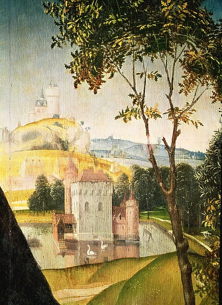 Landscape with castle in a moat and two swans, 1460-66 (oil on panel) (detail of 344036)