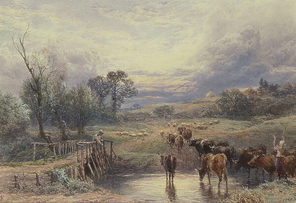 Landscape with Cattle and Bridge, 19th century (watercolour)