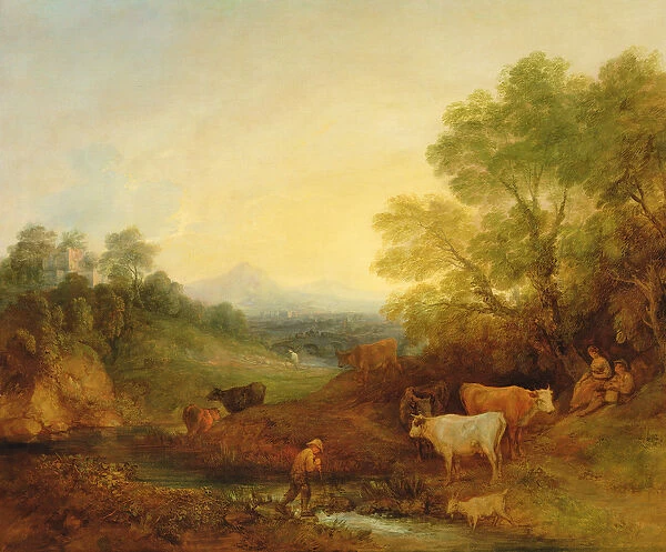A Landscape with Cattle and Figures by a Stream and a Distant Bridge, c