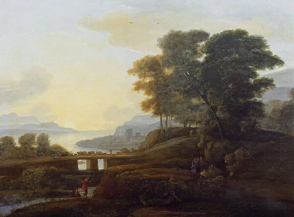 Landscape with cattle and goats crossing a bridge (oil on canvas)
