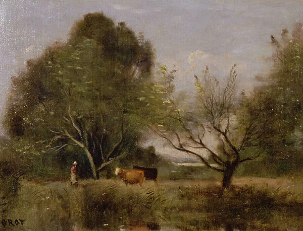 Landscape with Cattle (oil on canvas)