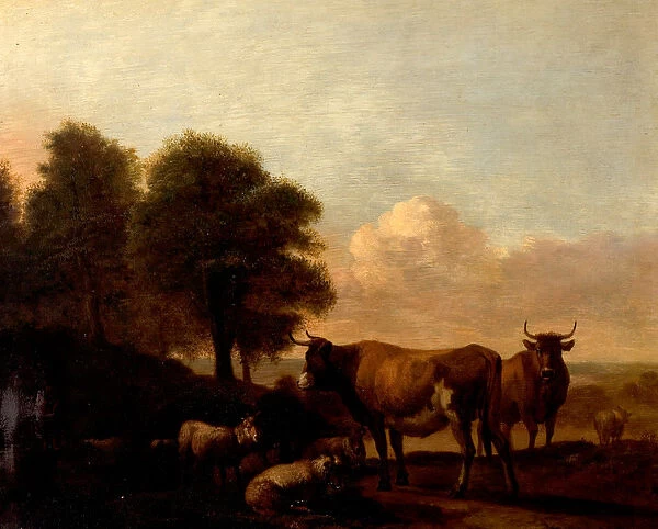 Landscape with Cattle (oil on wood)