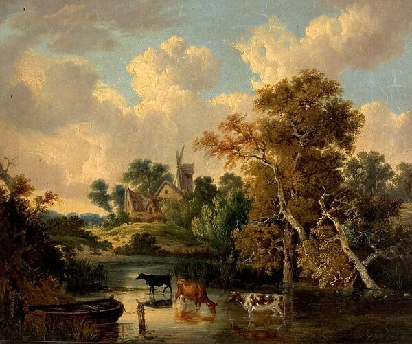 Landscape with Cattle in a Pool (oil on wood)