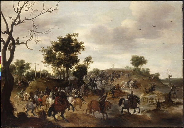 Landscape with a cavalry battle, gallows and a windmill beyond (oil on panel)