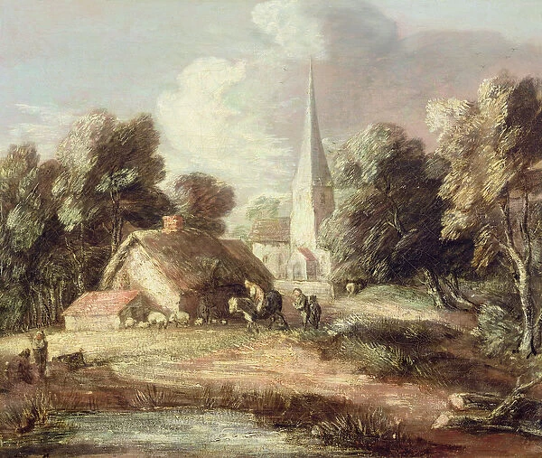 Landscape with a Church, Cottage, Villagers and Animals, c