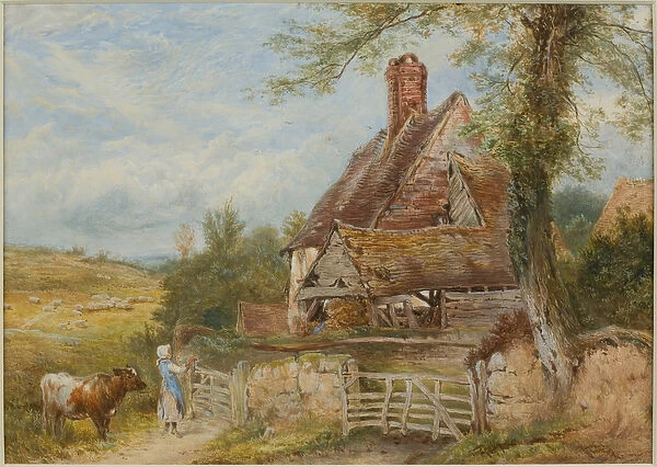 Landscape with Cottage, Girl and Cow (bodycolour & pencil on paper, pasted on card)