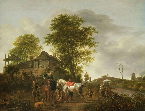 A landscape with a cottage and horsemen (oil on panel)