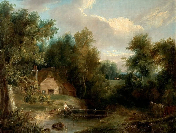 Landscape, Cottage and a Stream with a Figure and a House (oil on canvas)