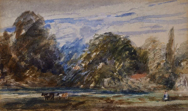 Landscape with cows and figure, 1800-59 (Watercolour)