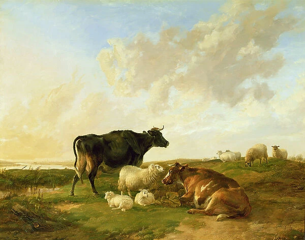 Landscape with Cows and Sheep, 1850 (oil on canvas)