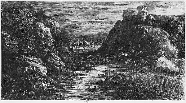 Landscape behind the defile, 1871 (etching)