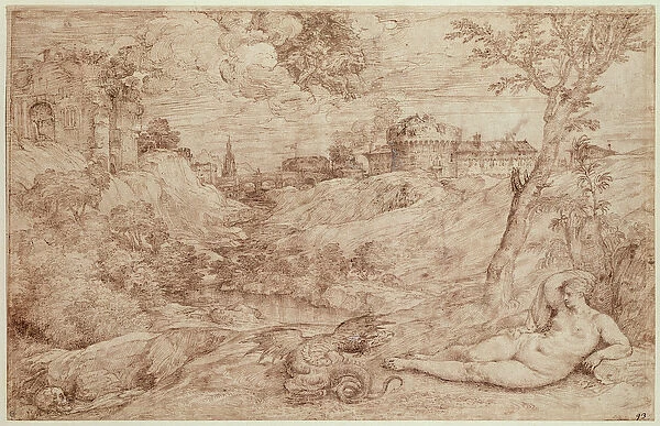 Landscape with a Dragon and a Nude Woman Sleeping (pen & ink and wash on paper)
