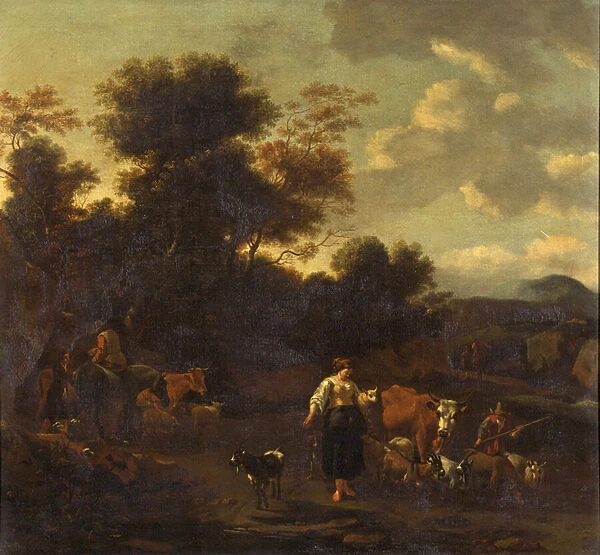 Landscape with figures and animals (oil on panel)