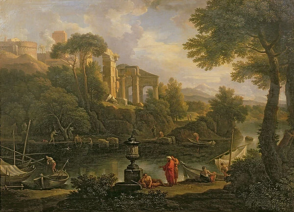 Landscape with figures by a pool with ruins in the background (oil on canvas)