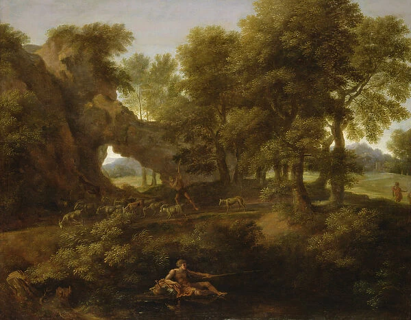 Landscape with a fisherman, a shepherd and other figures (oil on canvas)