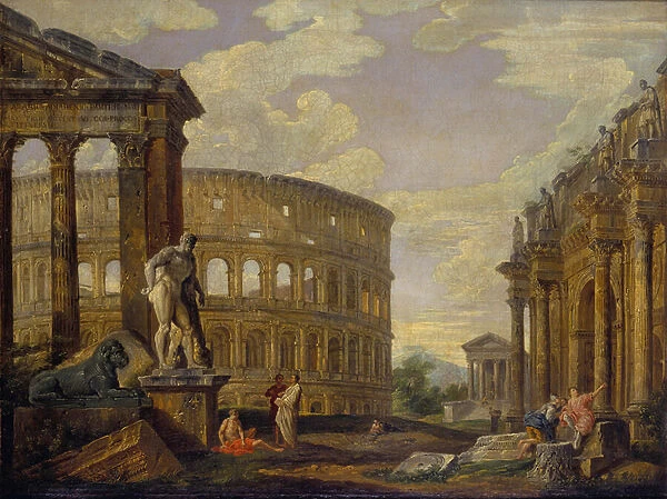 Landscape with Hercules and ruins of ancient Rome par Panini, Giovanni Paolo (1691-1765)