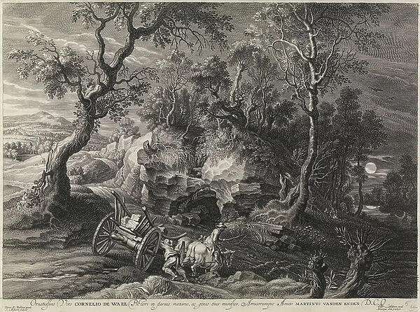 Landscape with a jammed chariot (engraving)