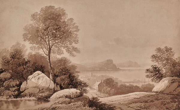 Landscape with lake and cottage, 1810-65 (Watercolour)