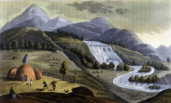 Landscape of Lapland (territories belonging to Norway, Sweden, Finland and Russia), dwellings of the indigenous (Sami) in 'The old and modern costume'by Ferrario, ed. Milan, 1819 - 1820