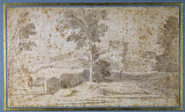 Landscape with a large tree in the center and a belvedere, 17th century (drawing)