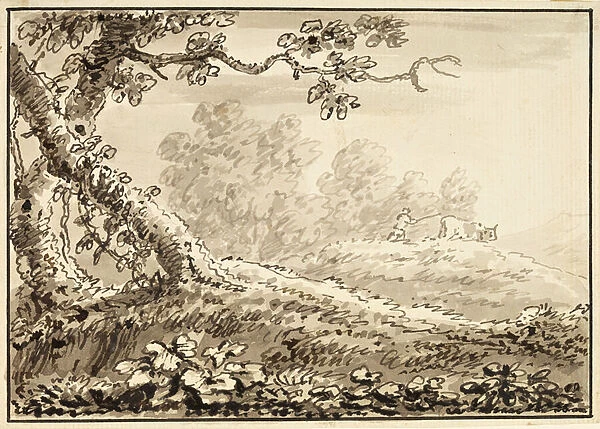 Landscape with man driving a cow (ink on paper)