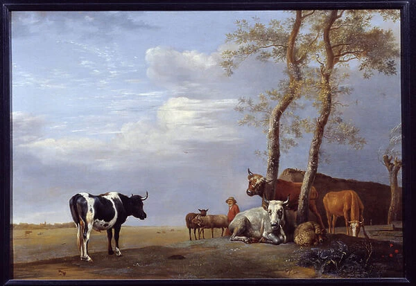 Landscape with peasant and animals. Painting by Paul Potter (1625-1654) Ec. Hol. 1646