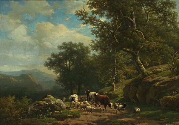 Landscape with a Peasant and His Flock, c.1850-59 (oil on fabric)
