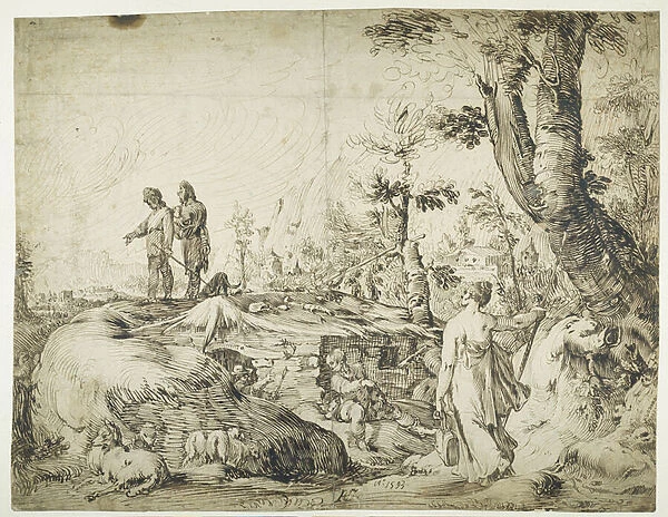 Landscape with peasants by a hut, 1593 (pen & dark brown ink)