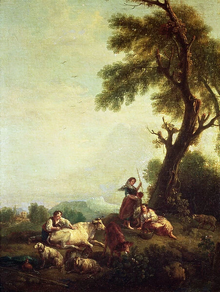 Landscape with Peasants Watching a Herd of Cattle (oil on canvas)