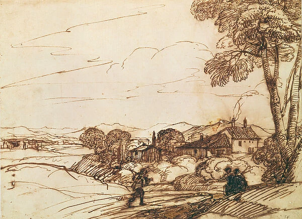 Landscape (pen and bistre and wash on paper)
