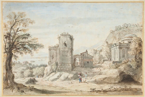 Landscape with Ruins and a Temple, 1716 (pen, brown ink & coloured washes on paper)