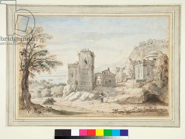 Landscape with Ruins and a Temple (pen and brown ink and coloured washes)
