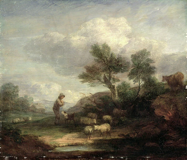 Landscape with Sheep (oil on canvas)