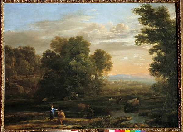 Landscape with shepherd playing the bucolic Scene flageolet