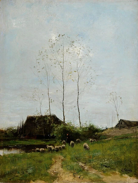 Landscape with Shepherd and Sheep (oil on canvas)