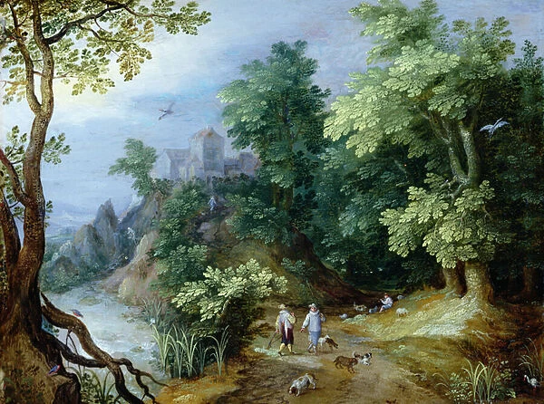 Landscape with Sportsmen and Dogs (oil on copper)