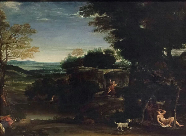 Landscape with Sylvia and a satyr, (oil on canvas)