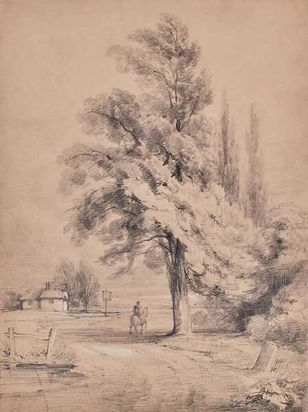 Landscape with tree and horse rider, 1810-65 (Pencil)