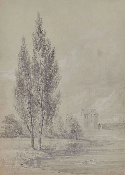 Landscape with trees near lake, 1810-65 (Pencil)