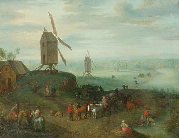 Landscape with windmills (oil on copper)