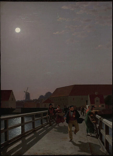 Langebro, Copenhagen, in the Moonlight with Running Figures, 1836 (oil on canvas)