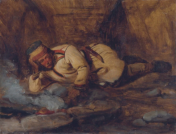 A Laplander Asleep by a Fire (oil on paper laid down on canvas)