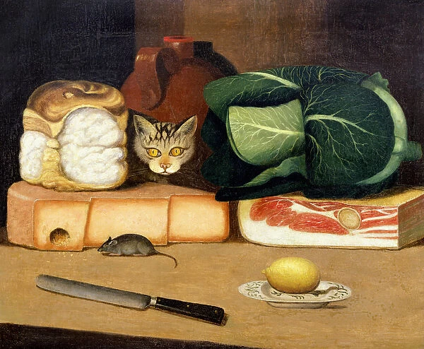 Larder still life with a cat hunting a mouse, c. 1840 (oil on canvas)