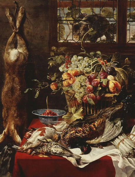 A Larder Still Life with Fruit, Game and a Cat by a Window, (oil on canvas)