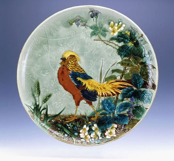 A large Emile Diffloth glazed earthenware charger, depicting a Golden Pheasant