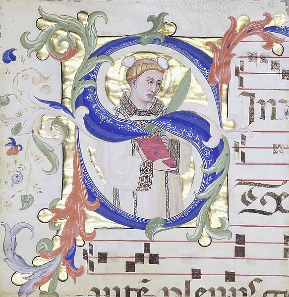 Very large historiated initial S, showing Saint Stephen, c. 1350-1400 (coloured inks and gold leaf on vellum)